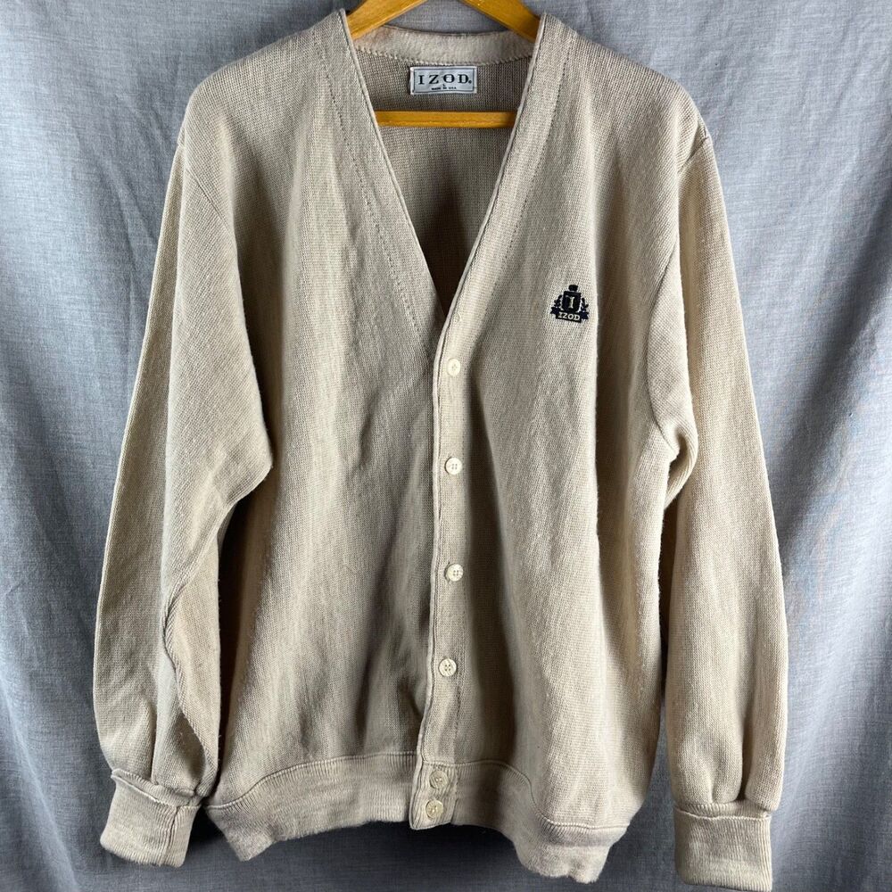 Vtg Izod Cardigan Sweater Men's L Ivory Crest Logo Button Up Acrylic USA Grandpa